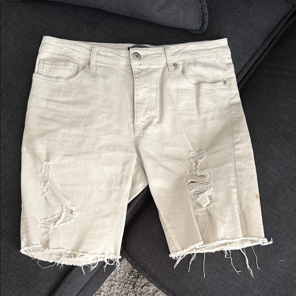Men's Distressed Cream Jean Shorts - Casual Summer Staple